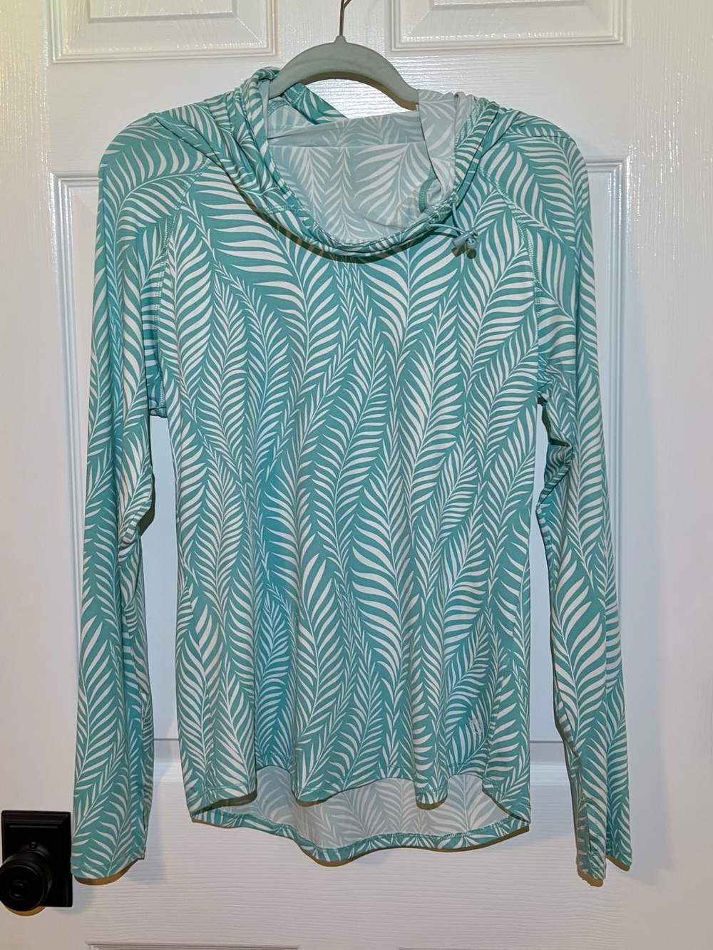 Women's Teal Leaf-Print Hooded Long-Sleeve Athletic Top